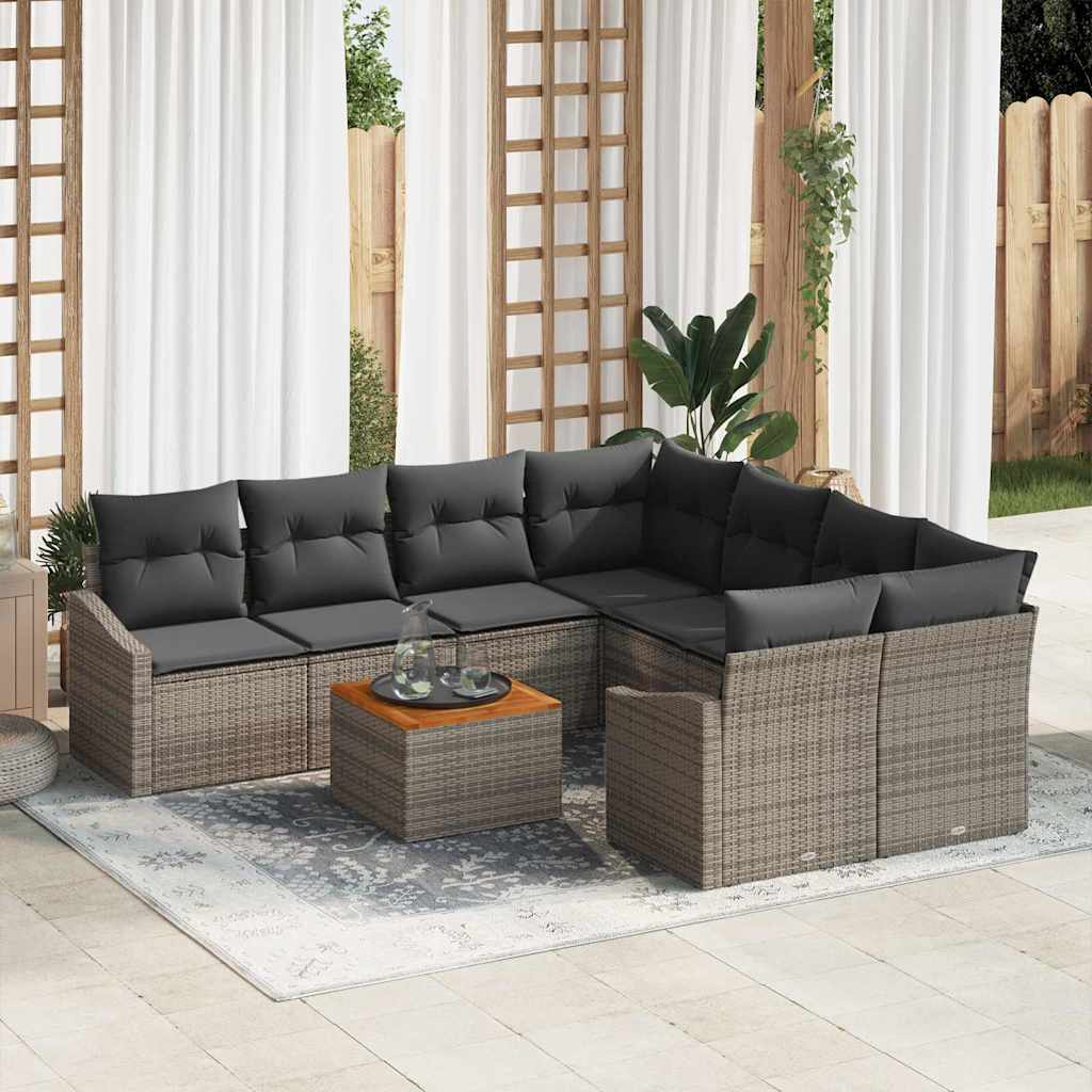 Havesofa Sæt med pude 9 pcs Grå polyrattan