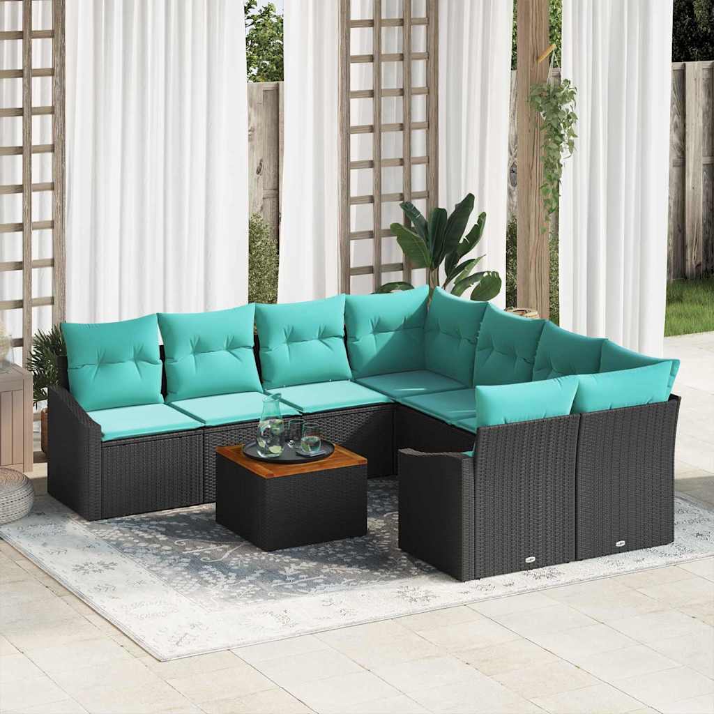 Havesofa Sæt med pude 9 pcs Sort polyrattan