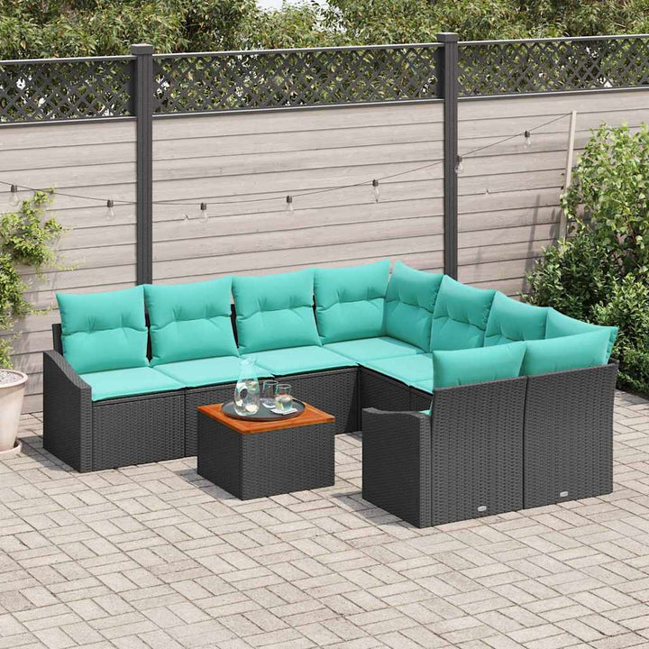 Havesofa Sæt med pude 9 pcs Sort polyrattan