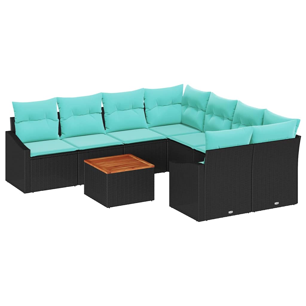 Havesofa Sæt med pude 9 pcs Sort polyrattan