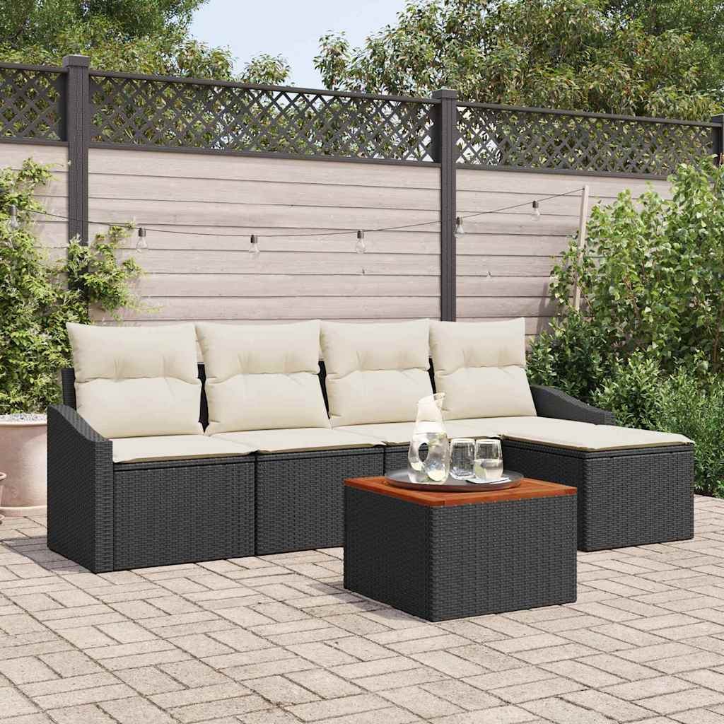 Havesofa Sæt med pude 6 pcs Sort polyrattan