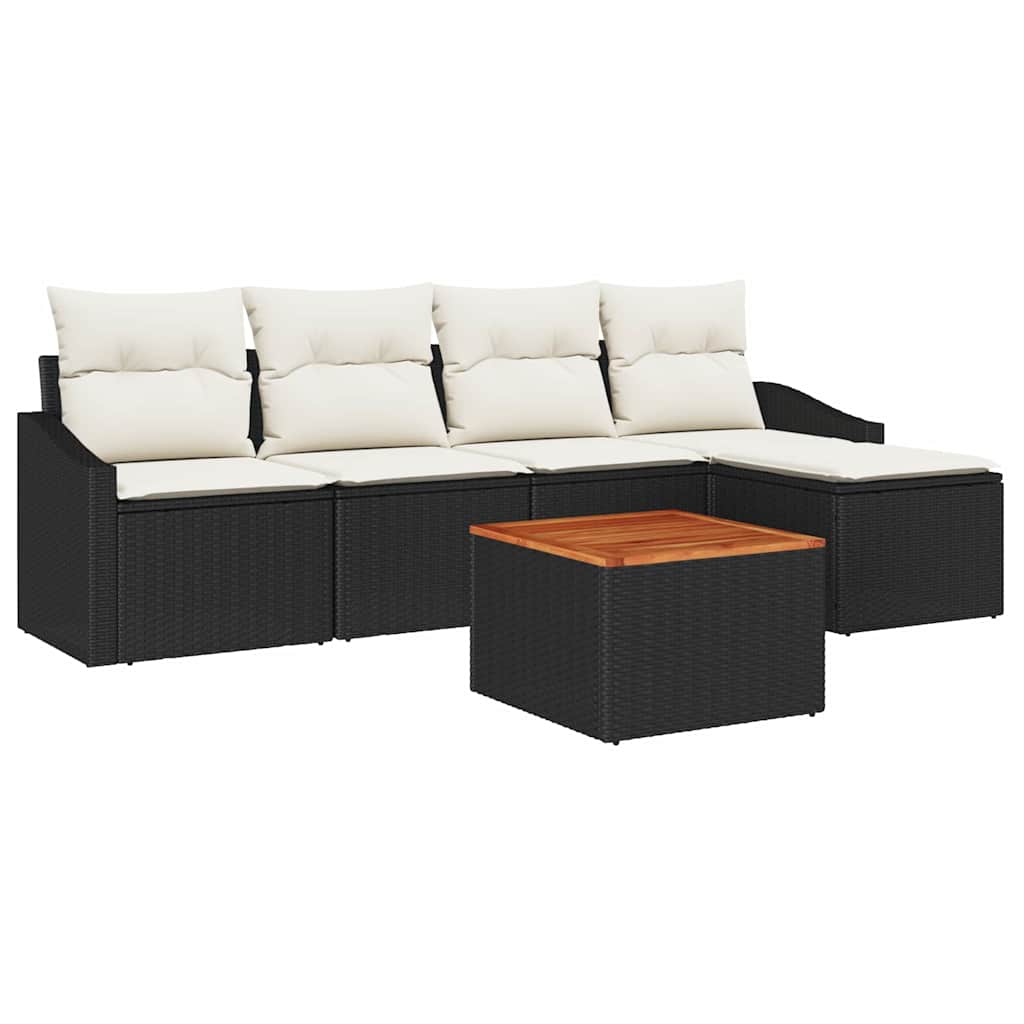 Havesofa Sæt med pude 6 pcs Sort polyrattan