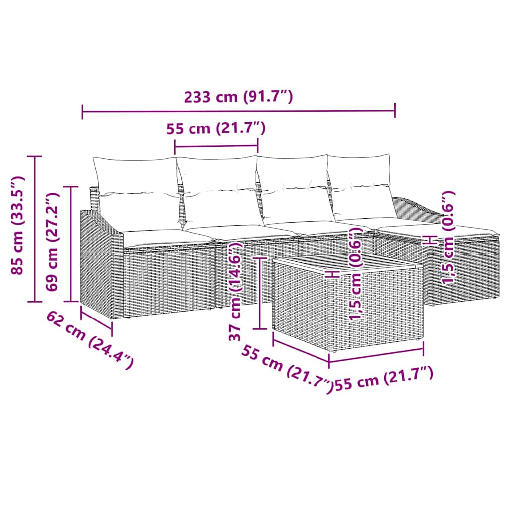 Havesofa Sæt med pude 6 pcs Sort polyrattan