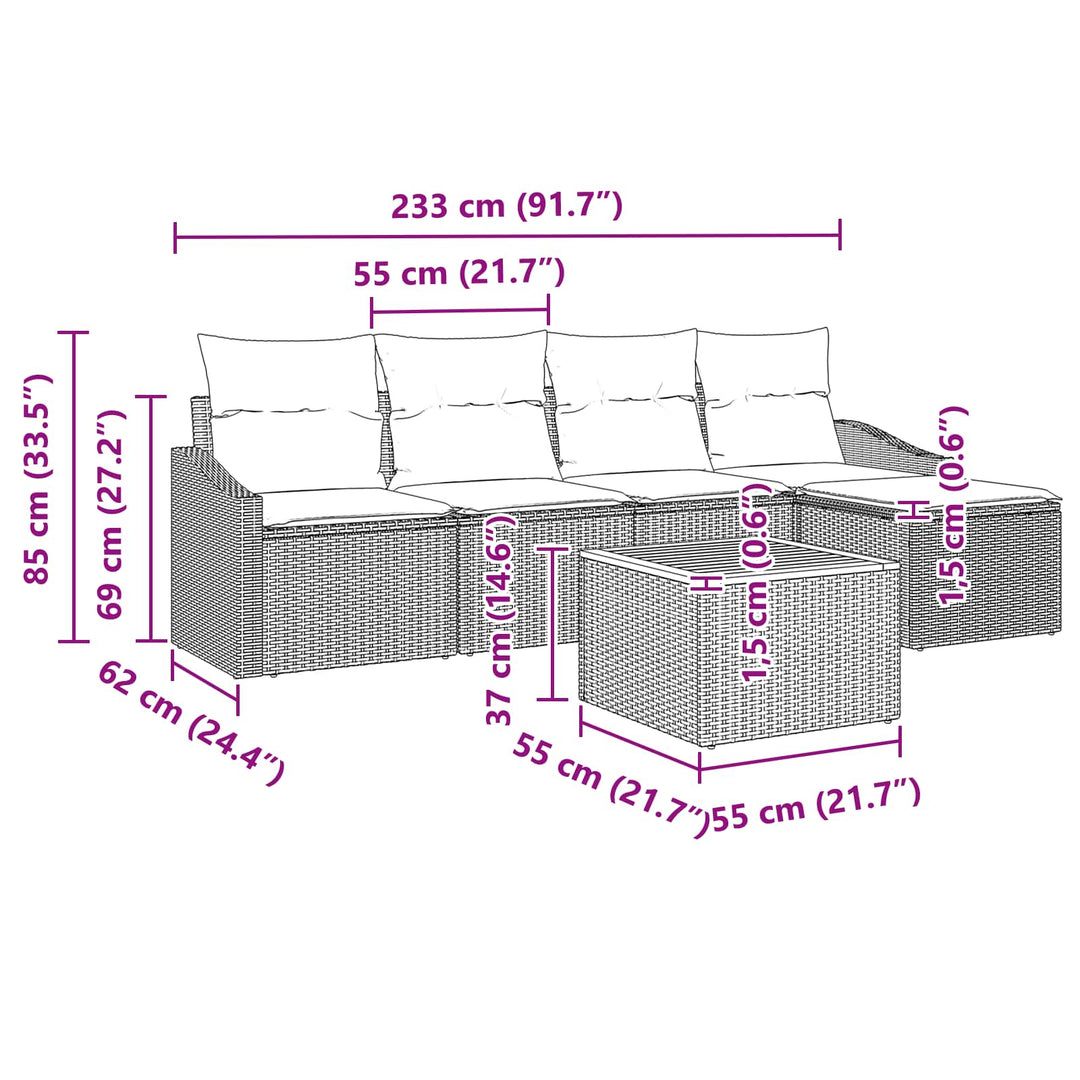 Havesofa Sæt med pude 6 pcs Sort polyrattan