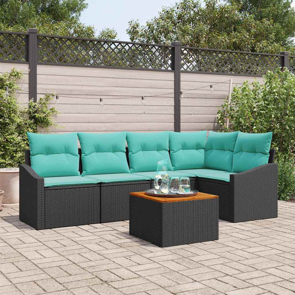 Havesofa Sæt med pude 6 pcs Sort polyrattan