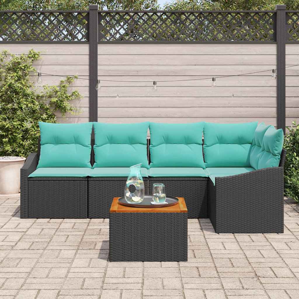 Havesofa Sæt med pude 6 pcs Sort polyrattan
