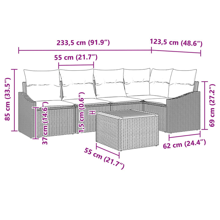 Havesofa Sæt med pude 6 pcs Sort polyrattan