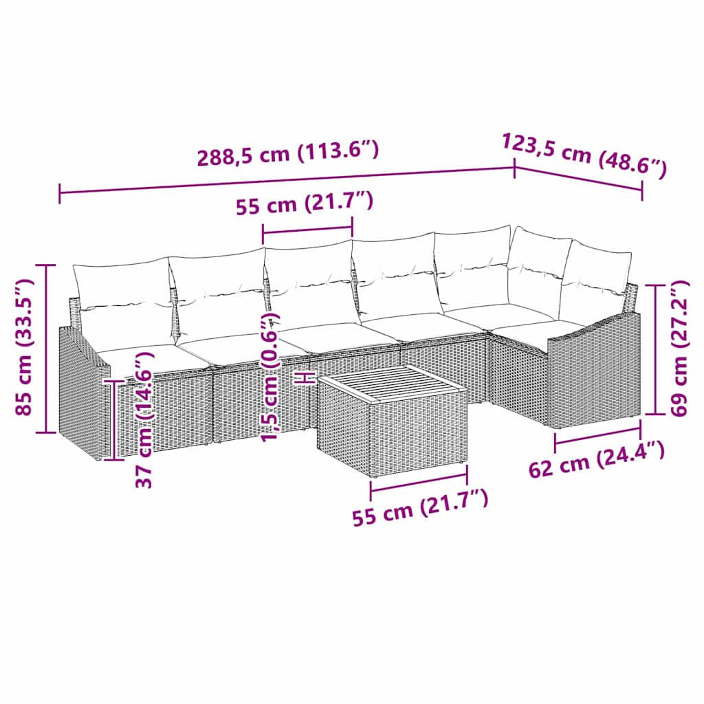 Havesofa Sæt med pude 7 pcs Sort polyrattan