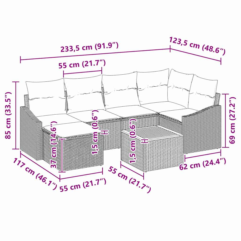 Havesofa Sæt 7 stk. Sort polyrattan