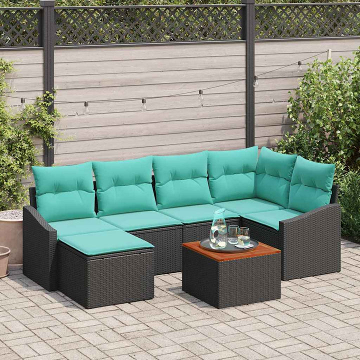 Havesofa Sæt med pude 7 pcs Sort polyrattan