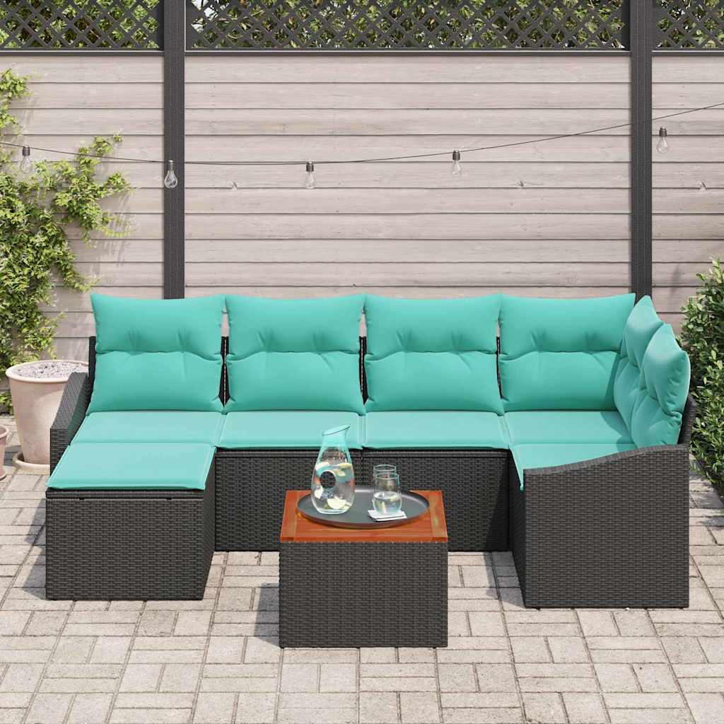 Havesofa Sæt med pude 7 pcs Sort polyrattan