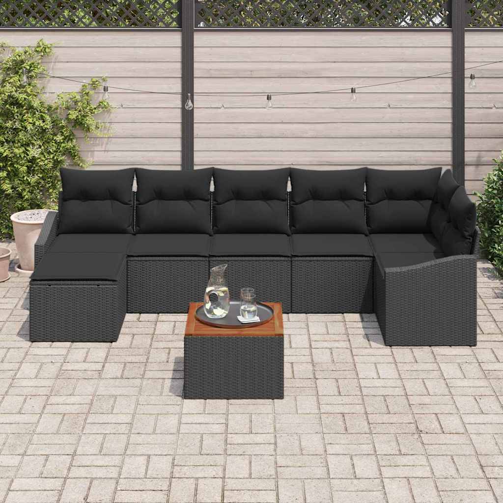 Havesofa Sæt med pude 8 pcs Sort polyrattan