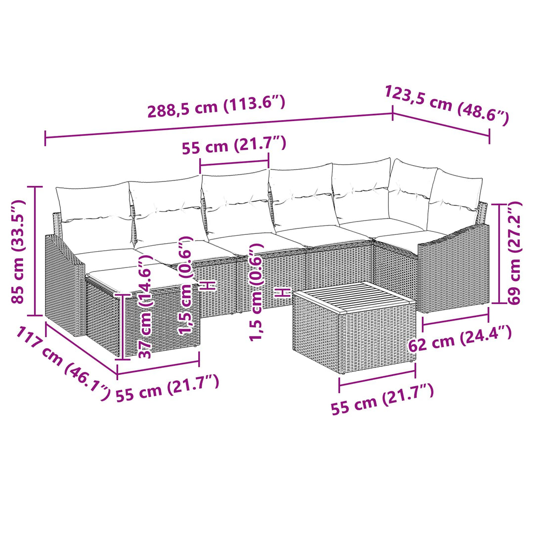 Havesofa Sæt med pude 8 pcs Sort polyrattan