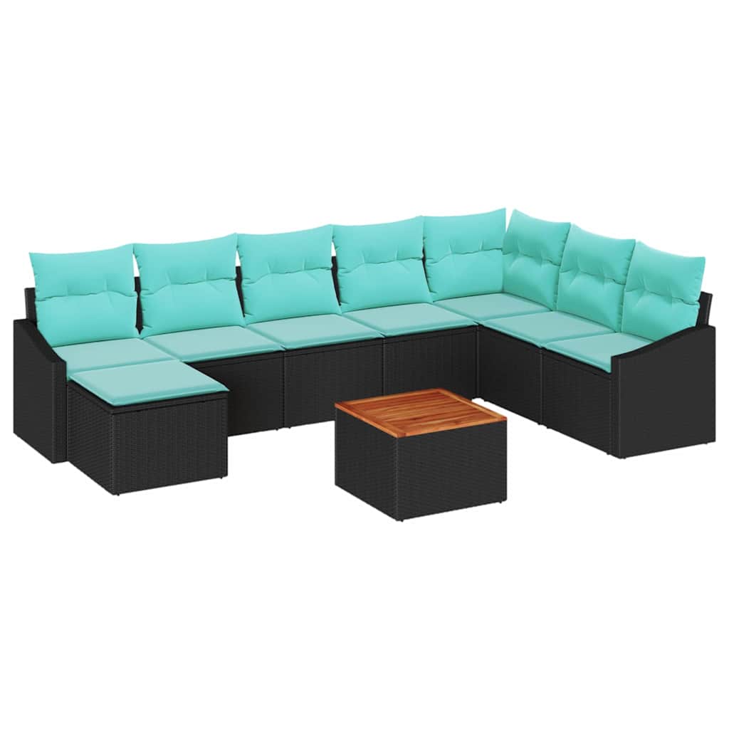 Havesofa Sæt med pude 9 pcs Sort polyrattan