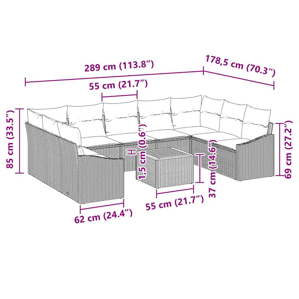 Havesofa Sæt med pude 10 pcs Beige polyrattan