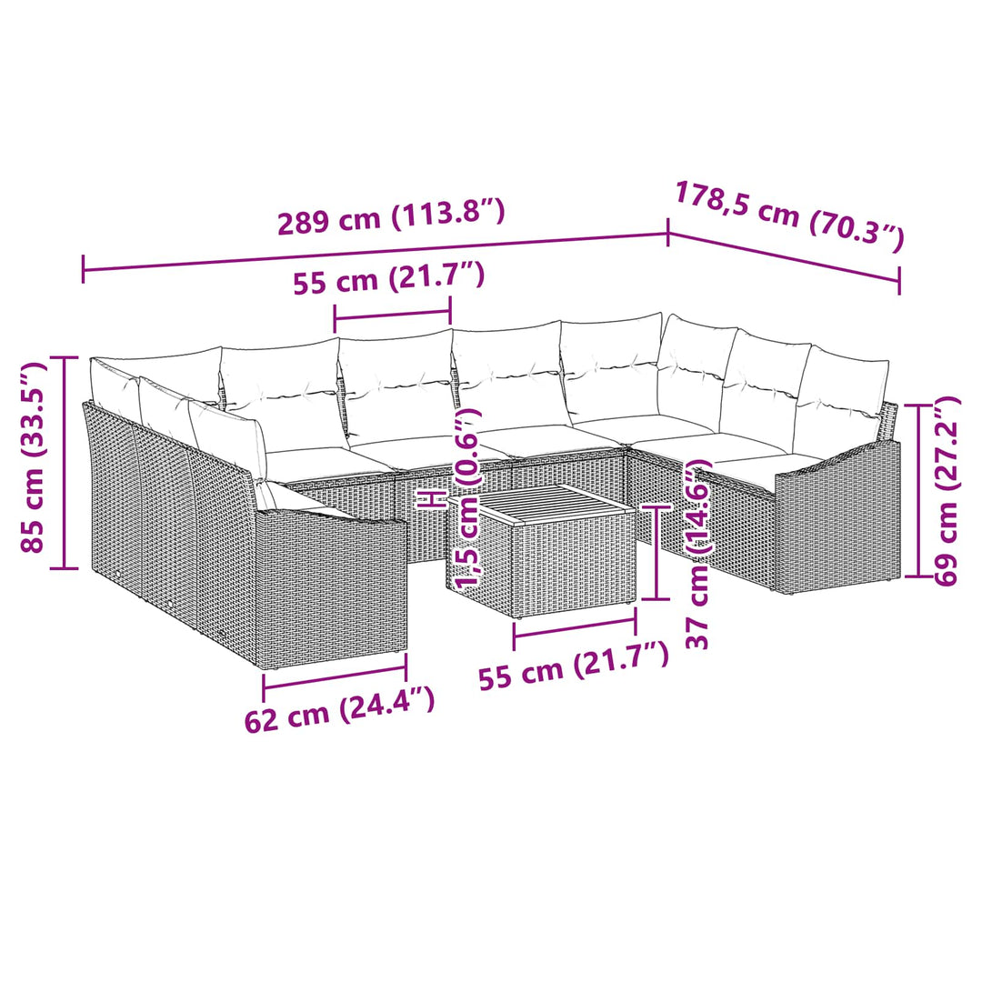 Havesofa Sæt med pude 10 pcs Sort polyrattan