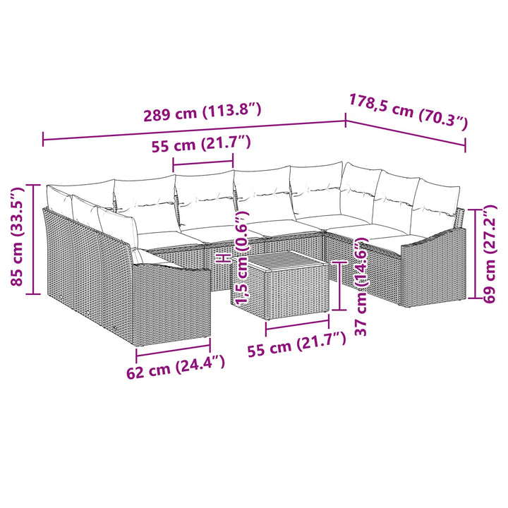 Havesofa Sæt med pude 10 pcs Sort polyrattan