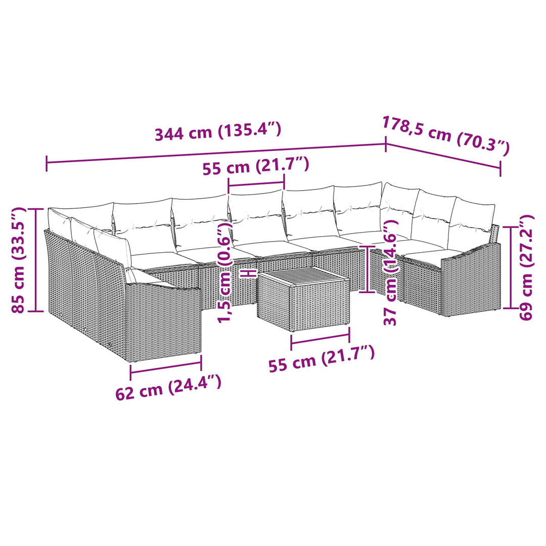 Havesofa Sæt med pude 11 pcs Sort polyrattan