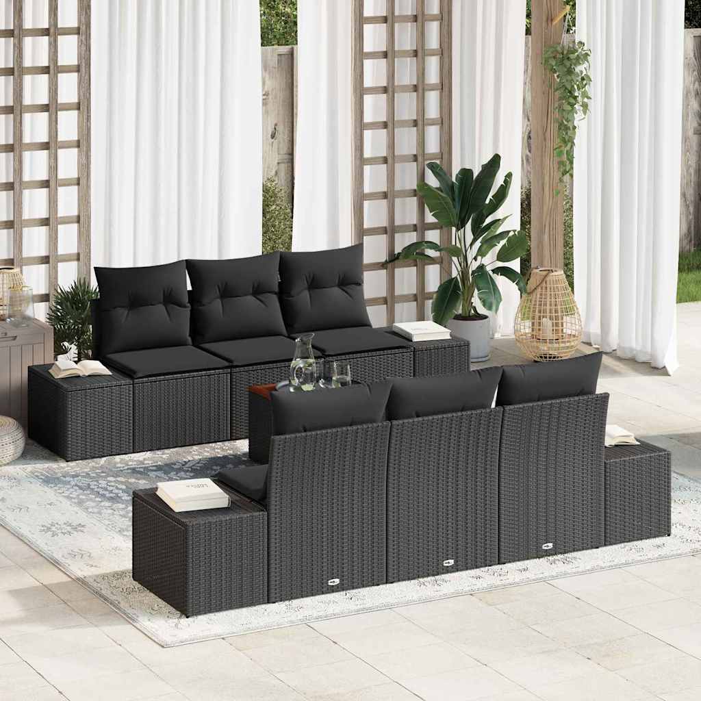 Havesofa Sæt med pude 7 pcs Sort polyrattan