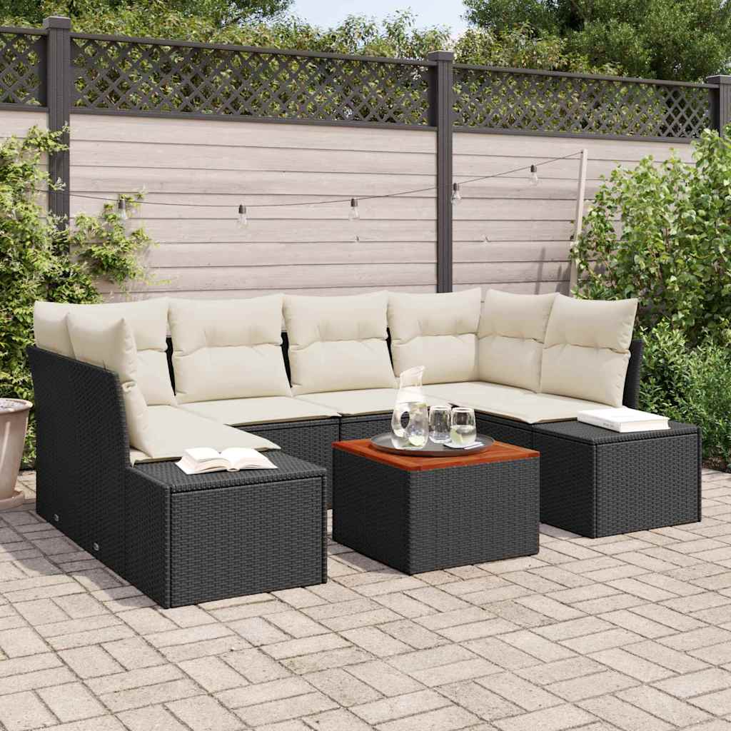 Havesofa Sæt med pude 7 pcs Sort polyrattan