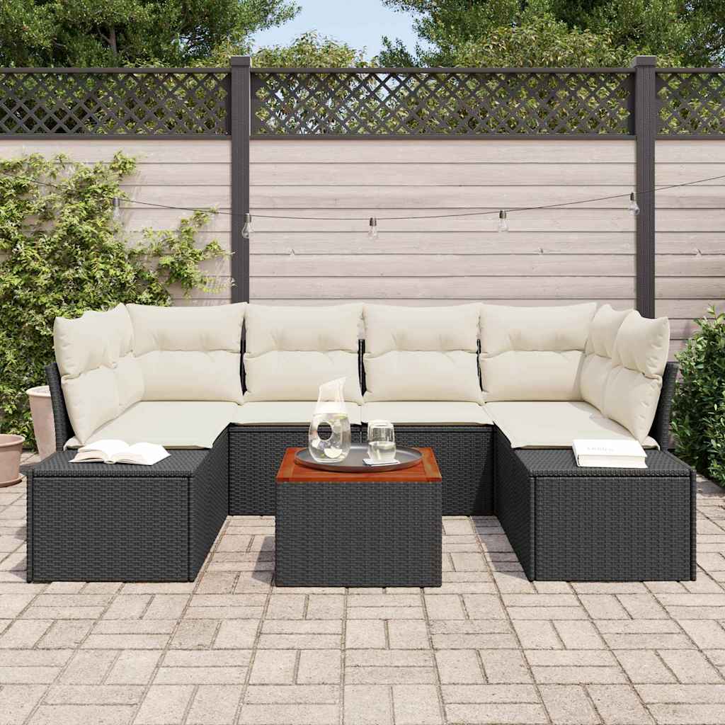 Havesofa Sæt med pude 7 pcs Sort polyrattan