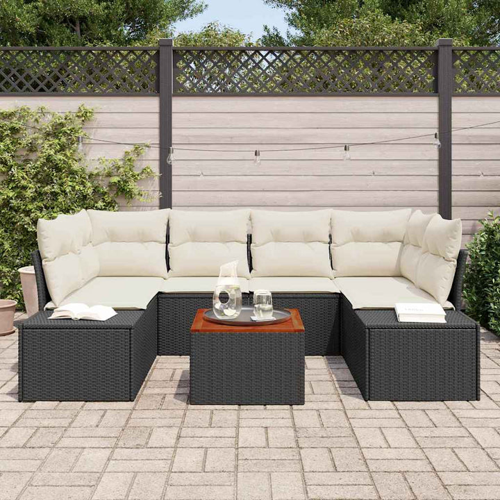 Havesofa Sæt med pude 7 pcs Sort polyrattan
