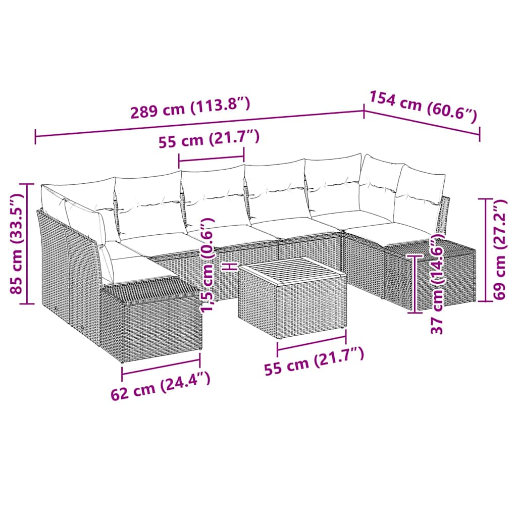 Havesofa Sæt 8 stk. Sort polyrattan