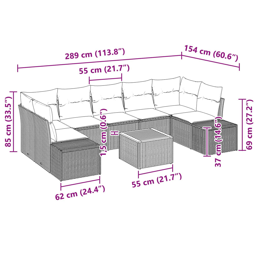 Havesofa Sæt 8 stk. Sort polyrattan