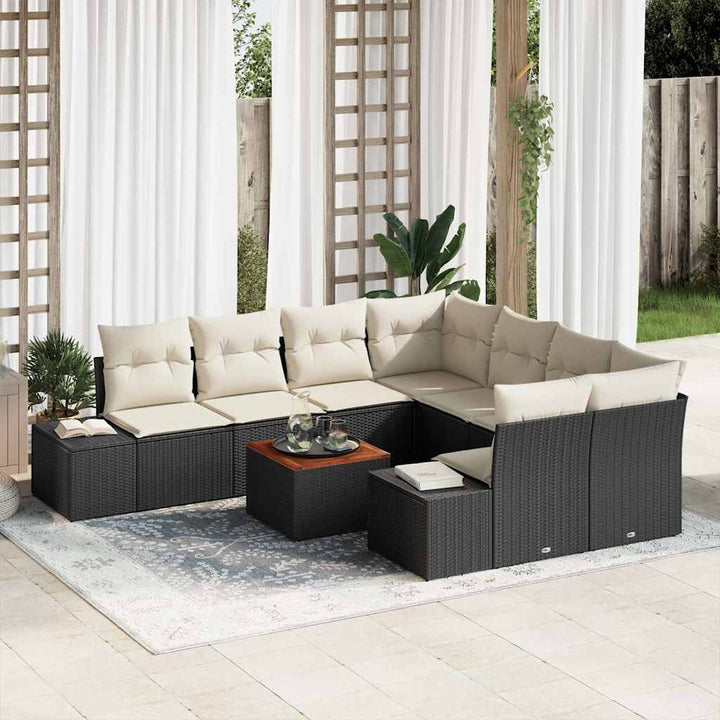 Havesofa Sæt med pude 9 pcs Sort polyrattan