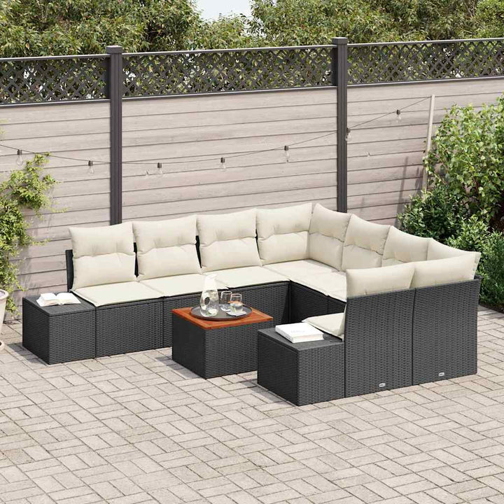 Havesofa Sæt med pude 9 pcs Sort polyrattan