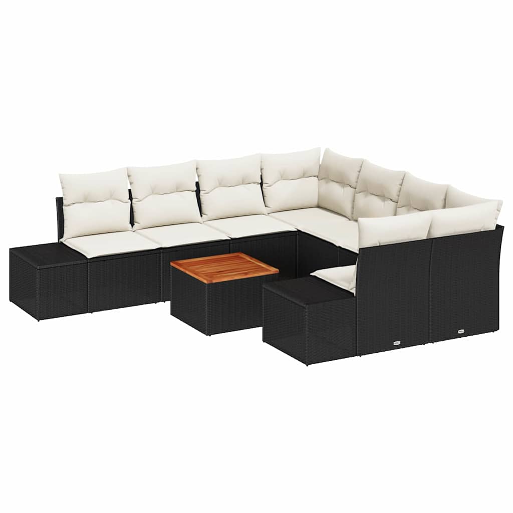 Havesofa Sæt med pude 9 pcs Sort polyrattan