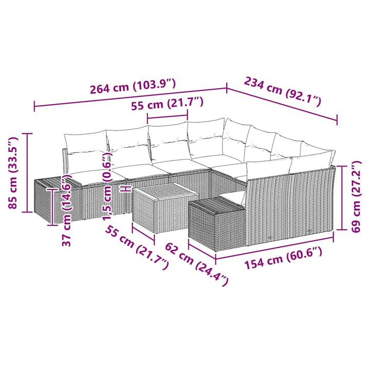 Havesofa Sæt med pude 9 pcs Sort polyrattan