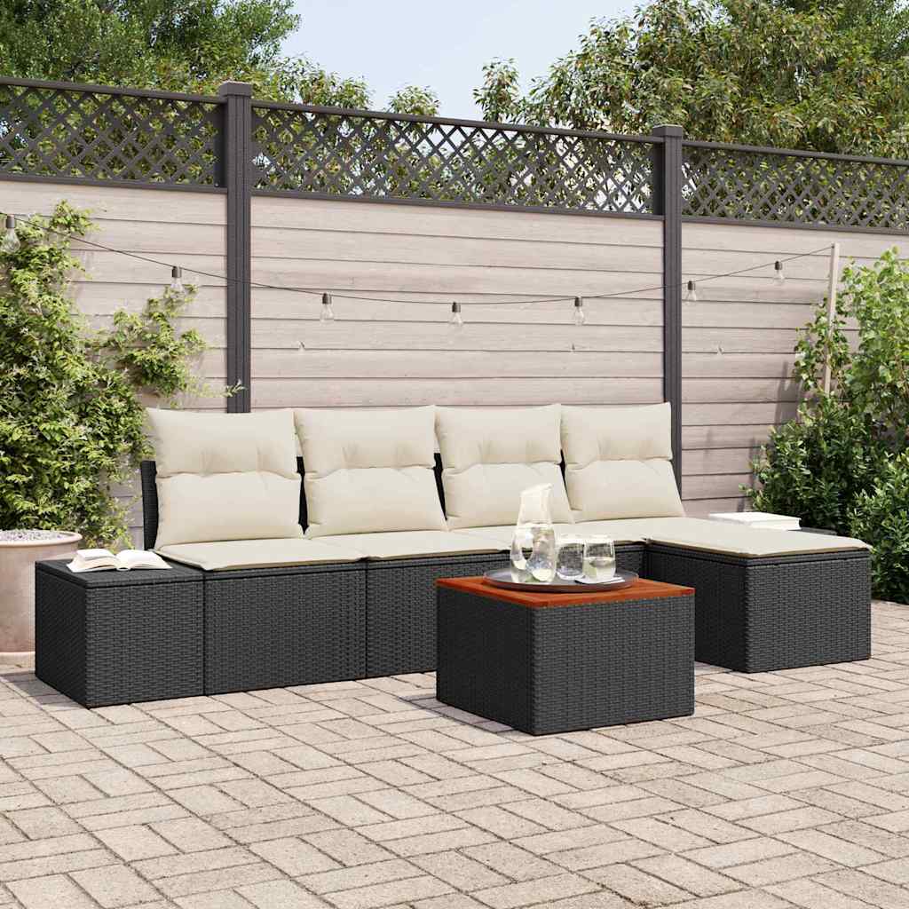 Havesofa Sæt med pude 6 pcs Sort polyrattan