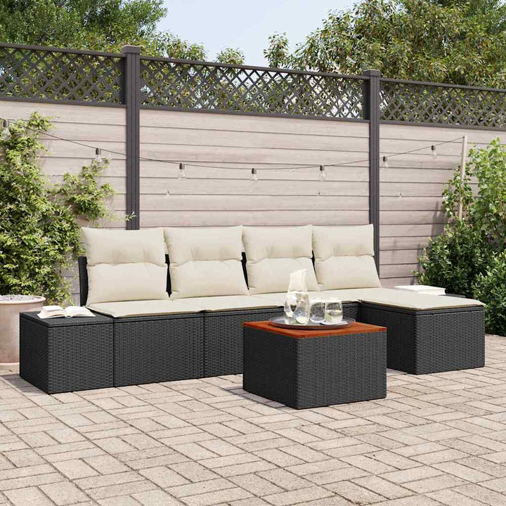 Havesofa Sæt med pude 6 pcs Sort polyrattan