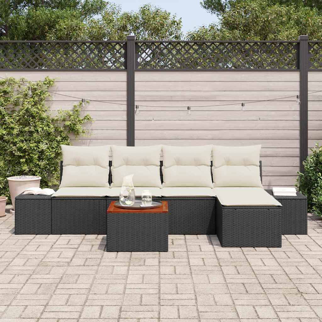 Havesofa Sæt med pude 6 pcs Sort polyrattan