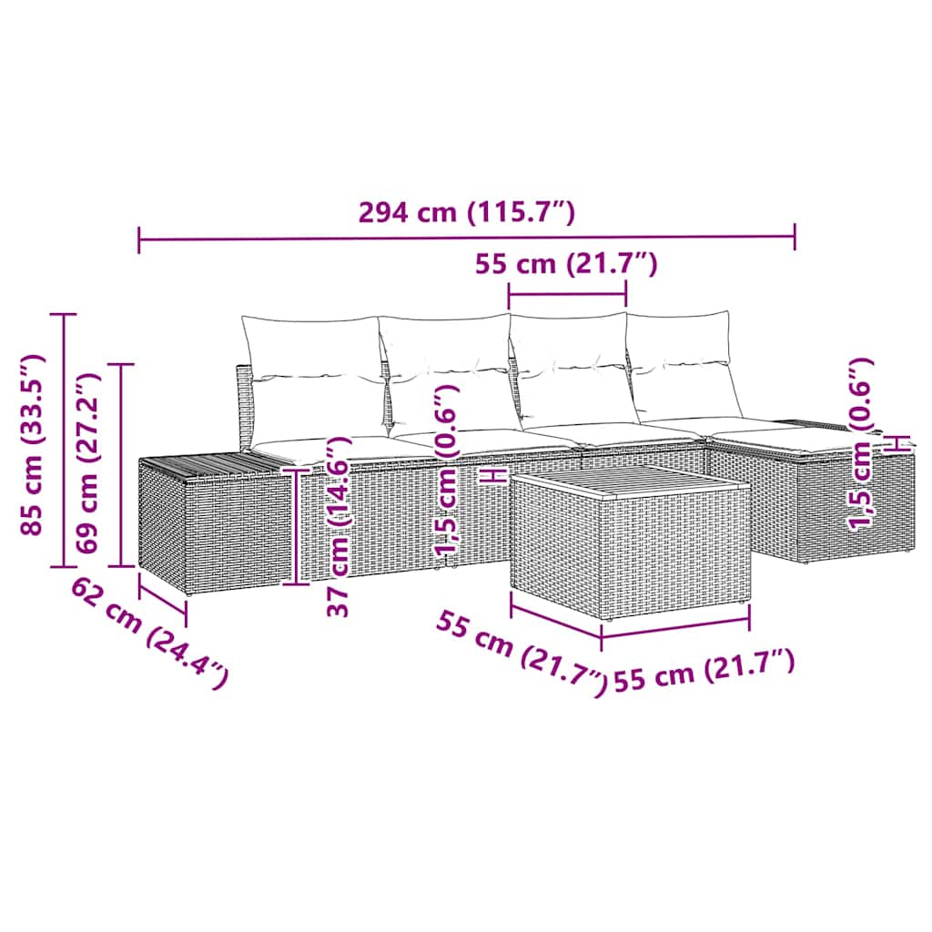 Havesofa Sæt med pude 6 pcs Beige polyrattan
