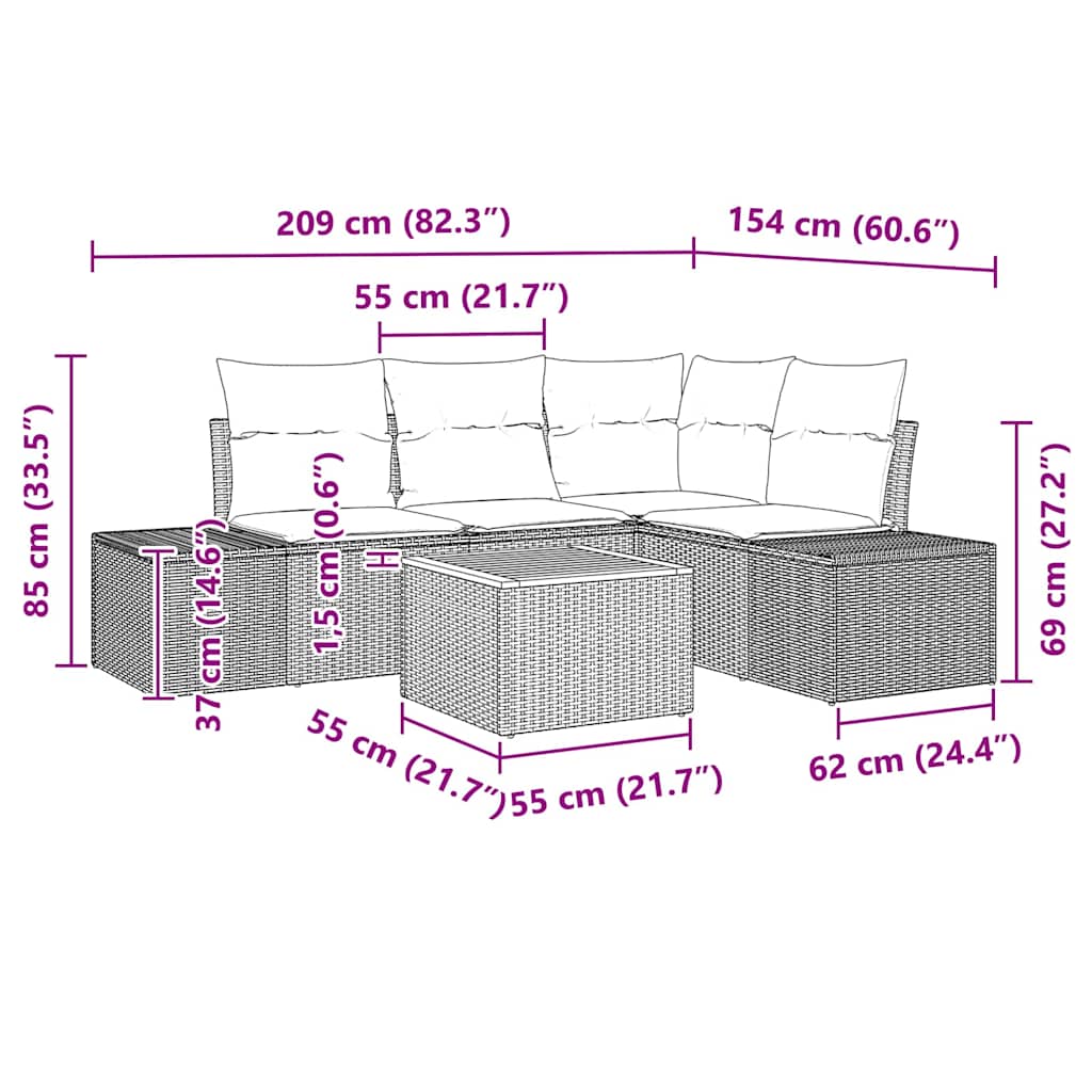 Havesofa Sæt 5 stk. Sort polyrattan