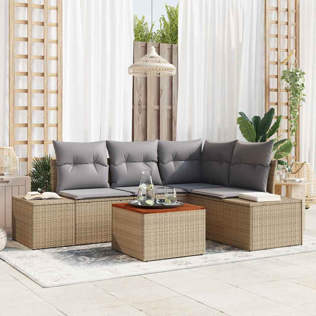 Havesofa Sæt med pude 5 pcs Beige polyrattan