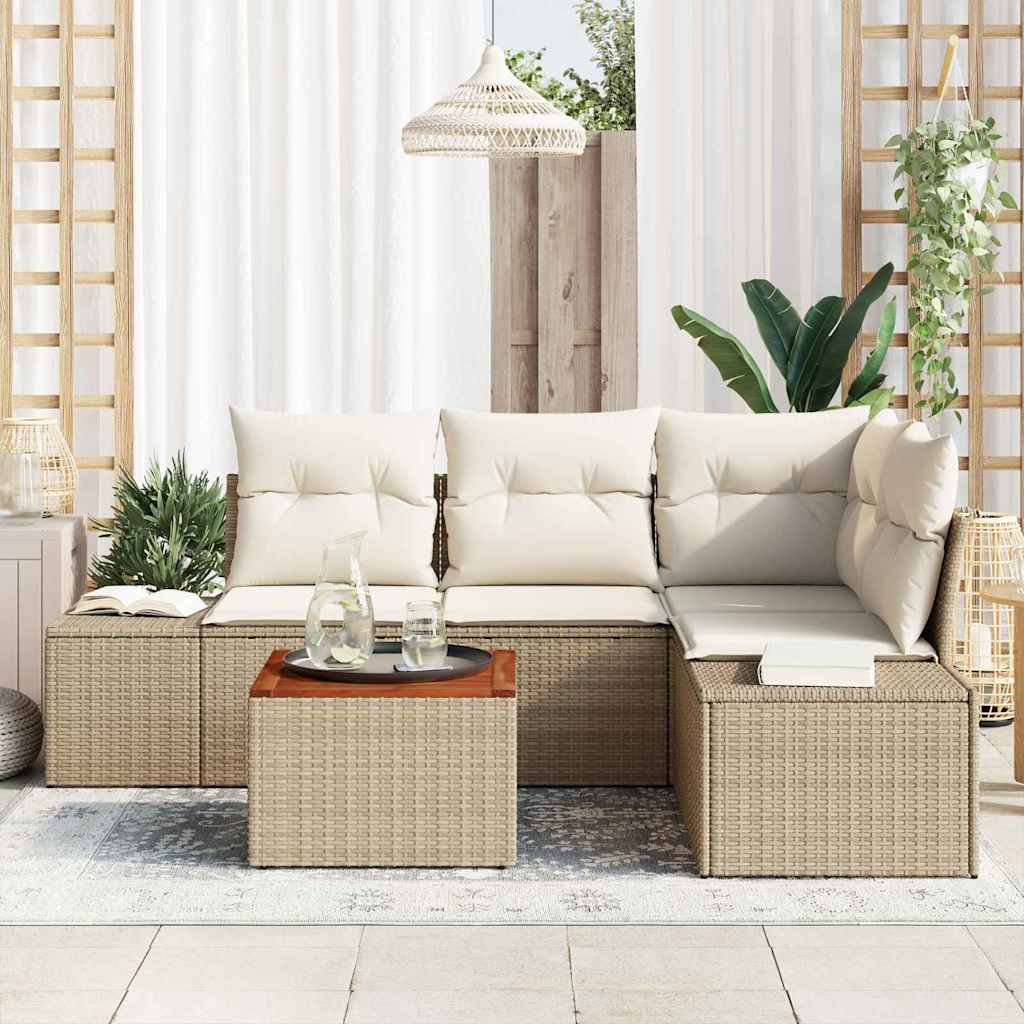 Havesofa Sæt med pude 5 pcs Beige polyrattan