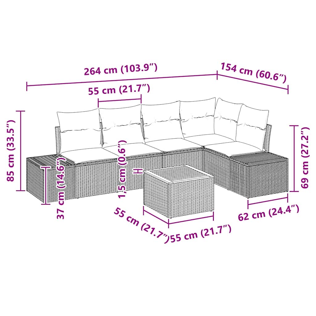 Havesofa Sæt 6 stk. Sort polyrattan