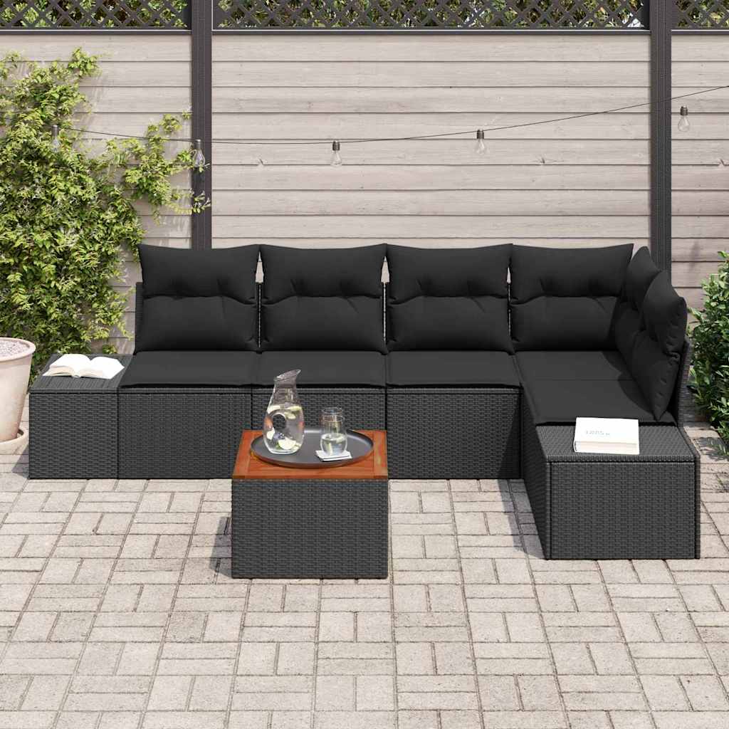 Havesofa Sæt med pude 6 pcs Sort polyrattan
