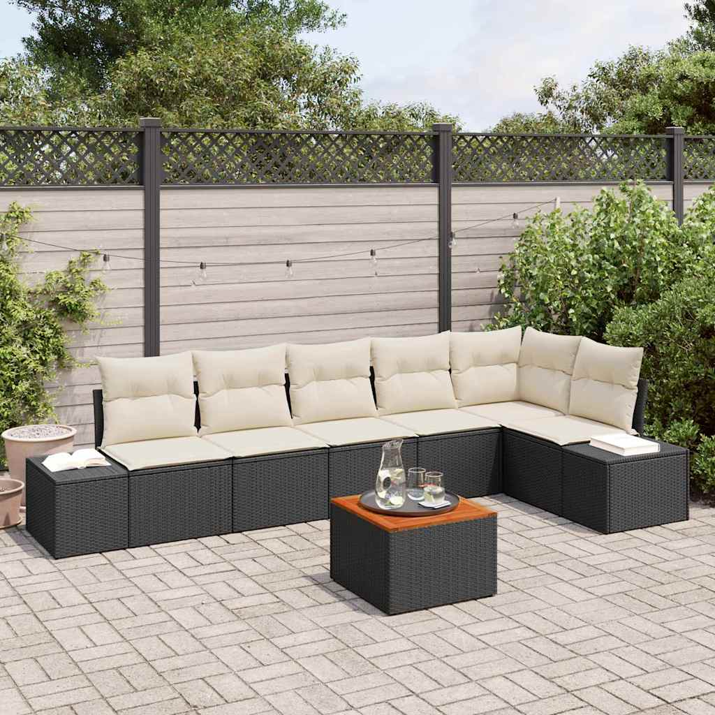 Havesofa Sæt med pude 7 pcs Sort polyrattan