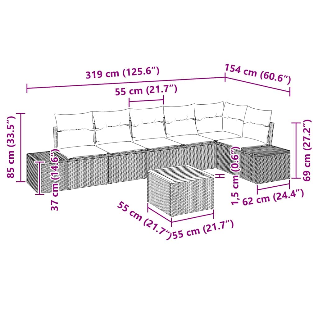Havesofa Sæt med pude 7 pcs Sort polyrattan
