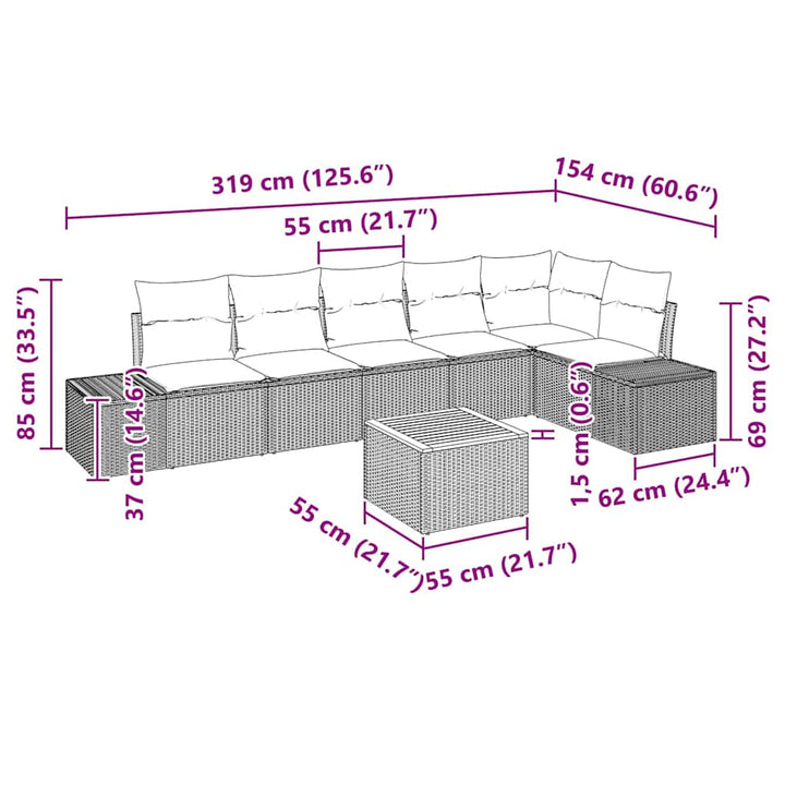 Havesofa Sæt med pude 7 pcs Sort polyrattan
