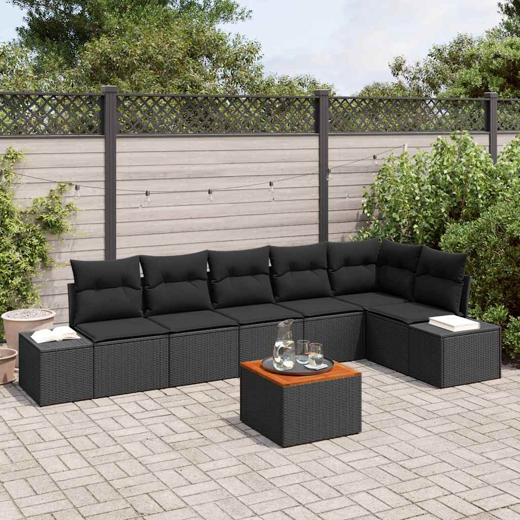 Havesofa Sæt med pude 7 pcs Sort polyrattan