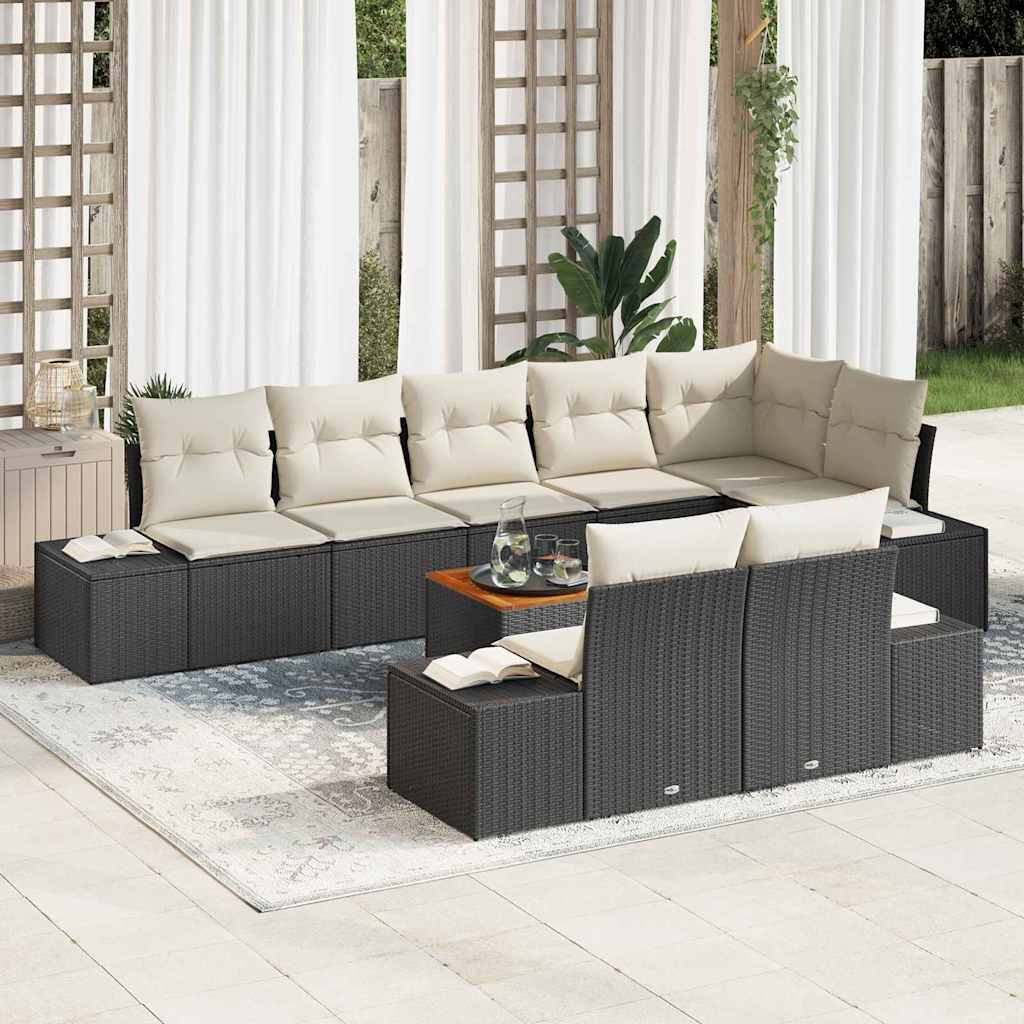 Havesofa Sæt med pude 9 pcs Sort polyrattan