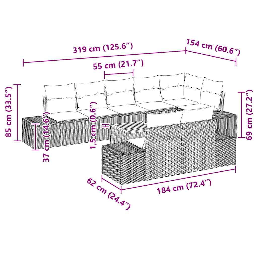 Havesofa Sæt med pude 9 pcs Sort polyrattan