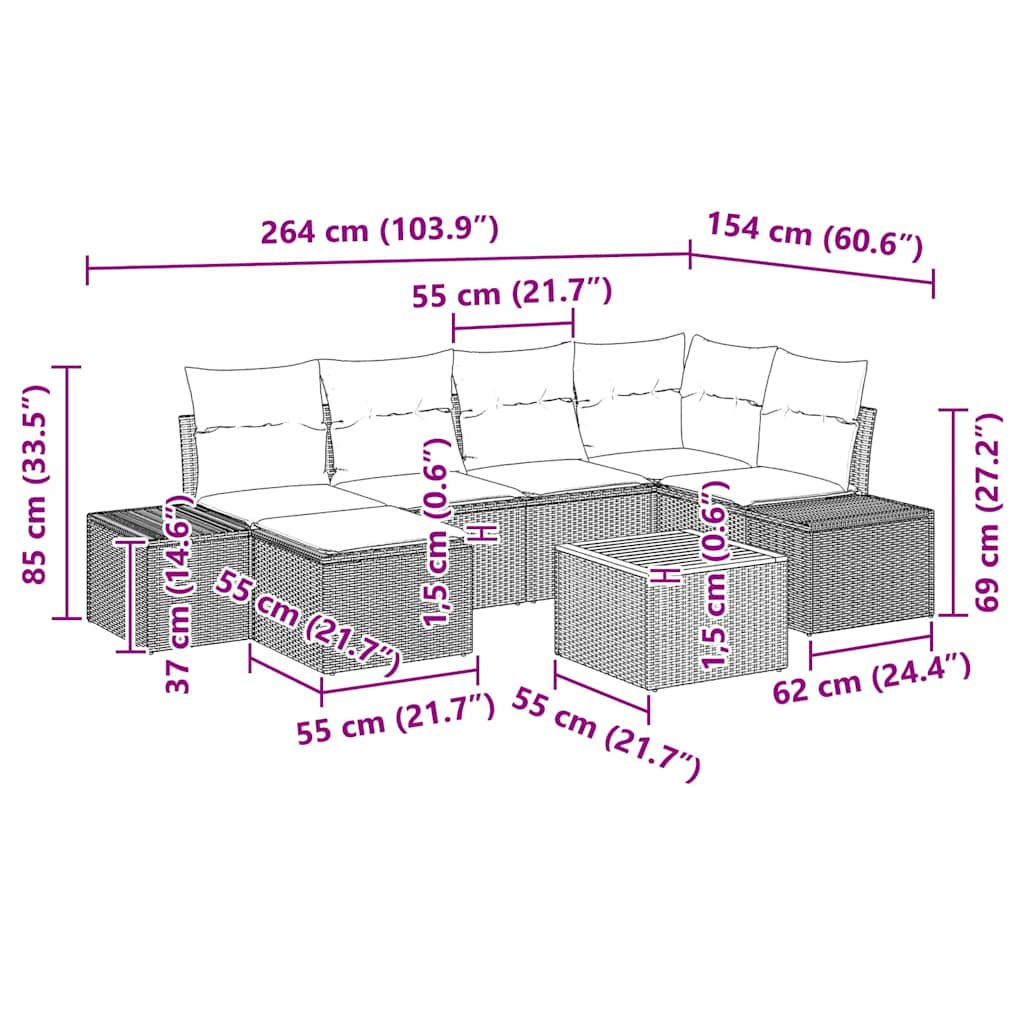 Havesofa Sæt 7 stk. Sort polyrattan