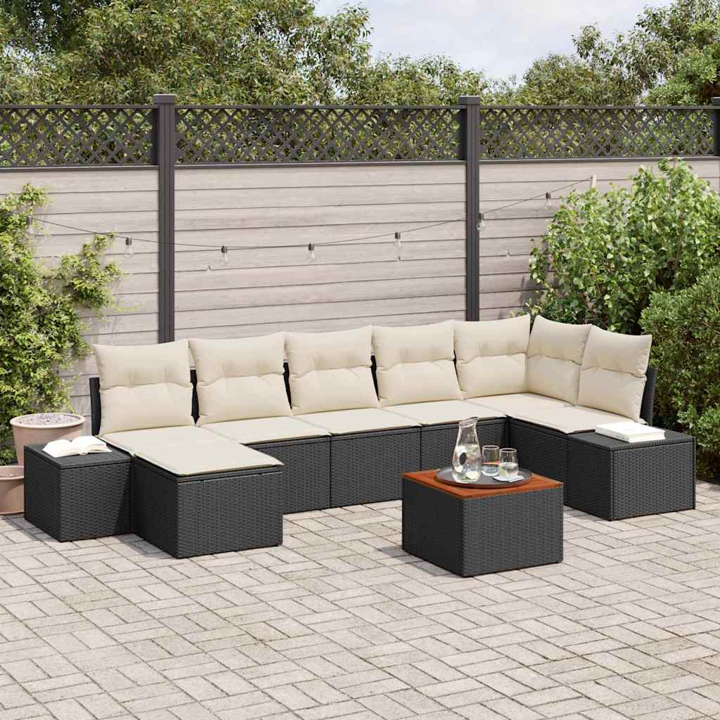 Havesofa Sæt med pude 8 pcs Sort polyrattan
