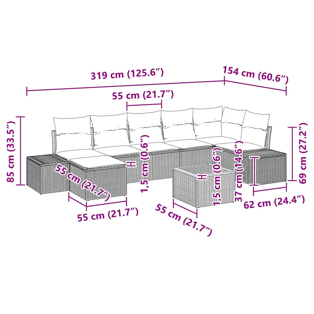 Havesofa Sæt med pude 8 pcs Beige polyrattan